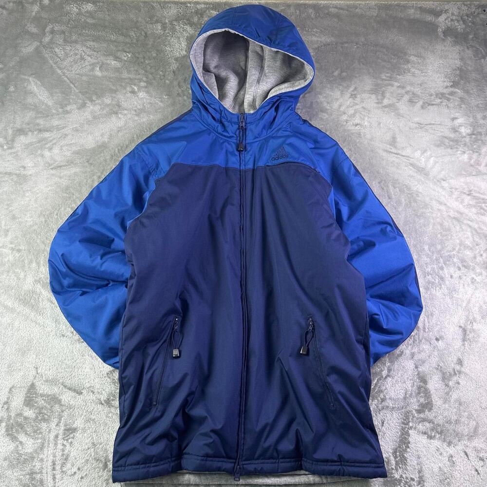 Vintage Y2K adidas Fleece Lined Hooded Jacket Mens XL Blue Full Zip Windbreaker